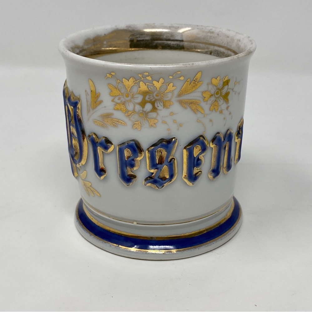 Antique Gilt Embossed "Present" Shaving Mug Occupational Angel Cherub Handle VTG